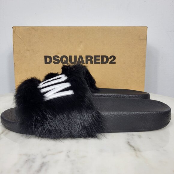 NWB~$825~DSQUARED2~8/8.5~ICON BLACK WHITE GENUINE RABBIT FUR SANDALS SLIDES - Picture 5 of 16